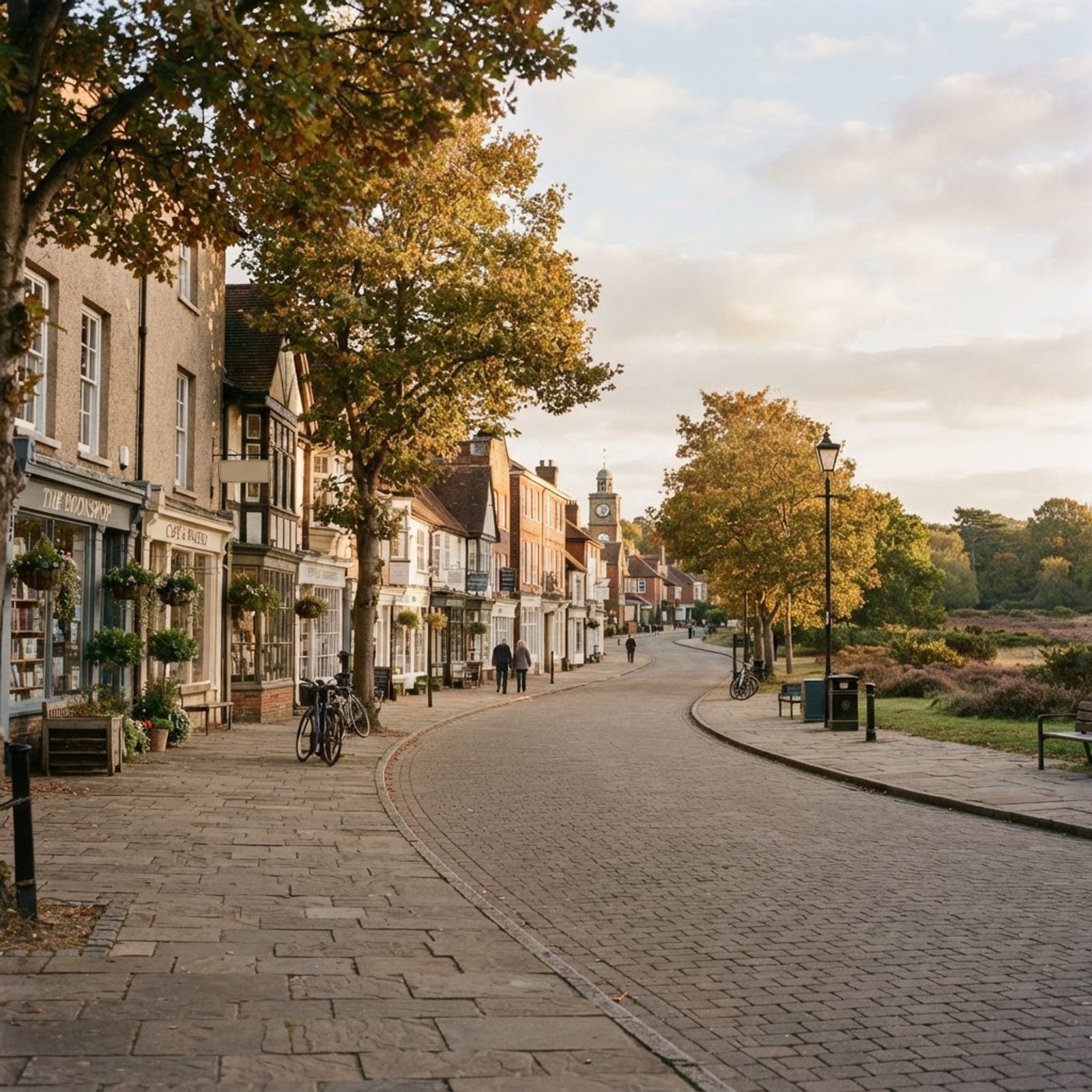 A quiet town centre high street in Camberley, Surrey, with independent shopfronts and mature trees in soft late-afternoon light