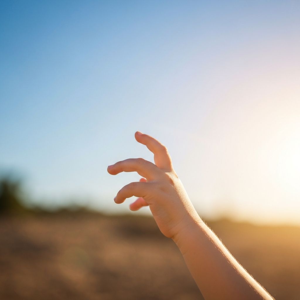 Child reaching towards a bright sky, representing hope and growth
