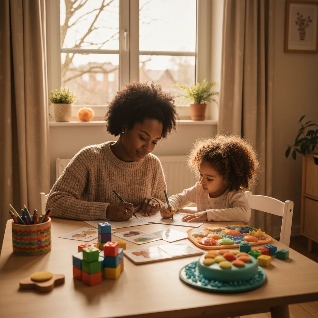 Parent and child doing activities together in a warm, supportive home environment
