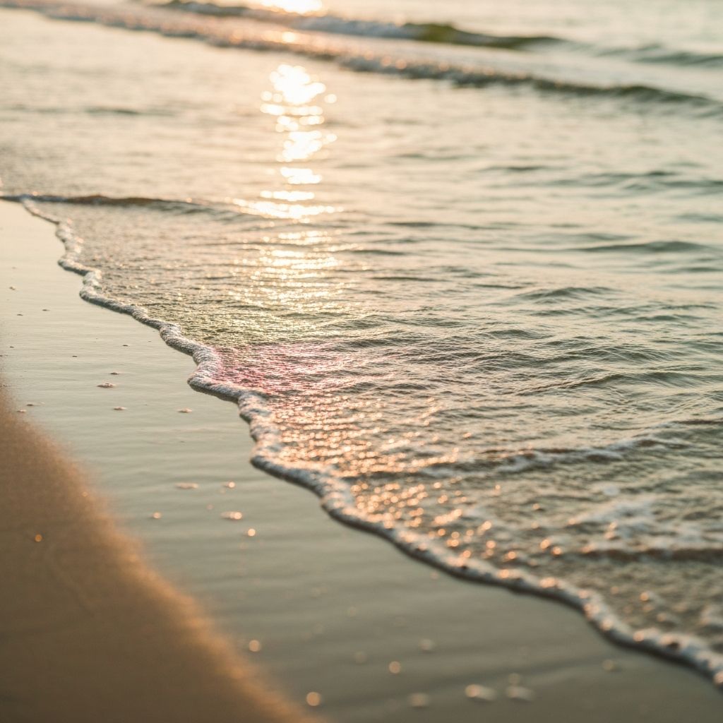 Calm shoreline at golden hour, representing specialist counselling support for pregnancy, postnatal wellbeing and Hyperemesis Gravidarum at Your Life And Soul